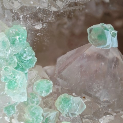 Strengite verte sur quartz d'Echassières, Allier, France © Yannick Vessely